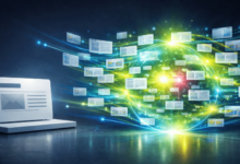 Abstract laptop with floating web pages connected by light streams.