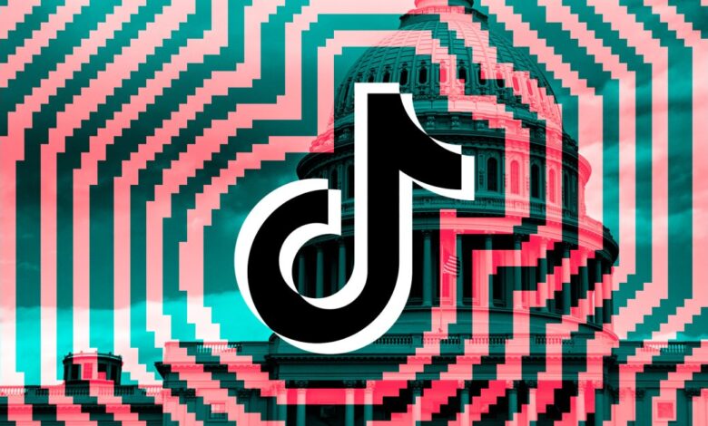 TikTok logo overlayed on the US Capitol Building with a pink and teal pixelated pattern.