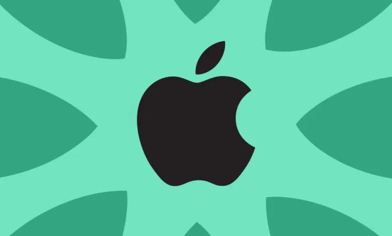 Apple logo in black against a teal geometric background.