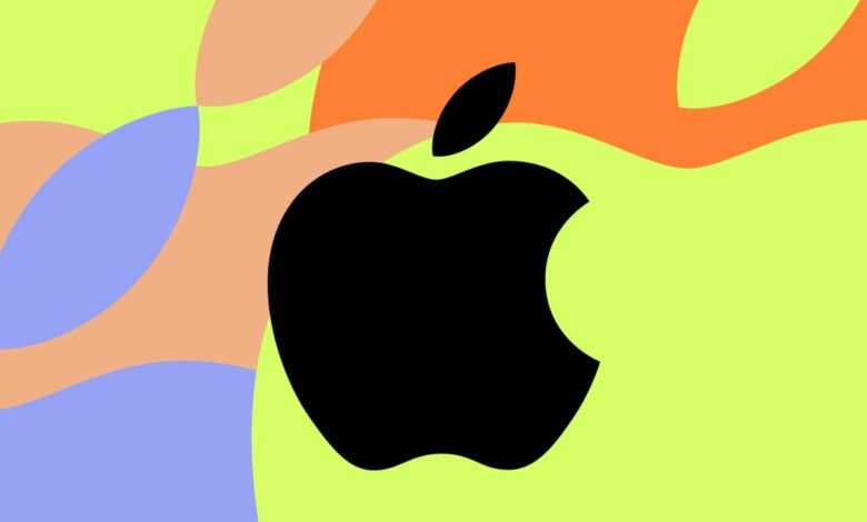 Apple logo in black against a colorful abstract background.