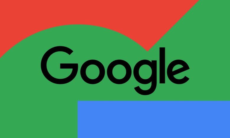 Google logo in black with red, green, and blue background.