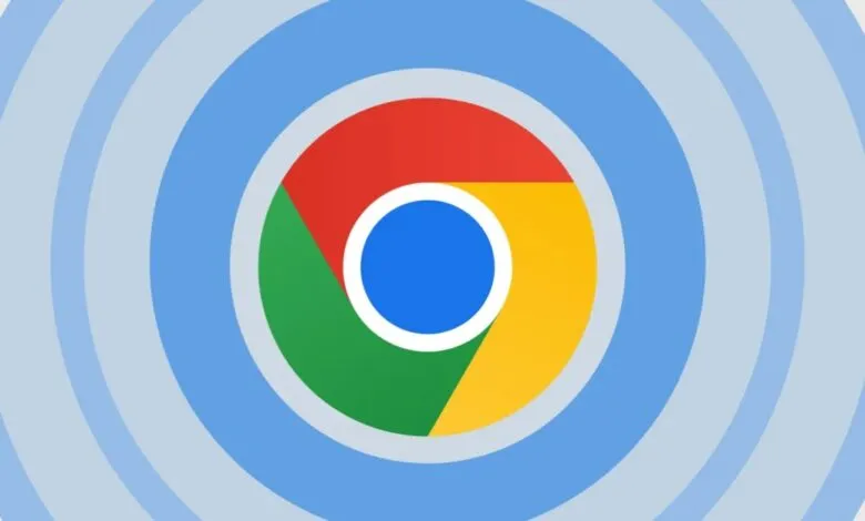 Google Chrome logo with concentric blue circles background.