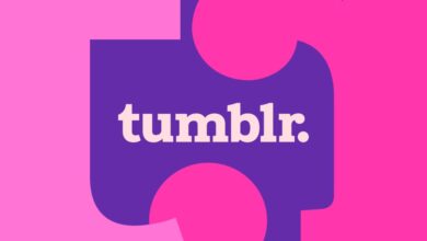 Tumblr logo in cream on purple background with pink abstract shapes.