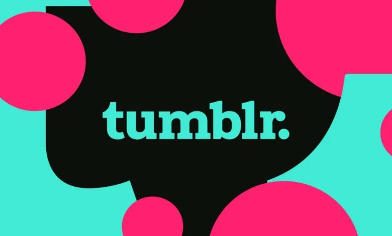 Tumblr logo in teal on black background with pink and teal abstract shapes.