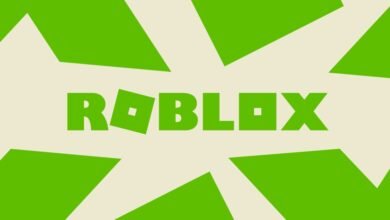 Roblox logo in green against a light background with geometric shapes.