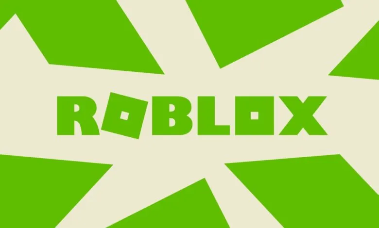 Roblox logo in green against a light background with geometric shapes.