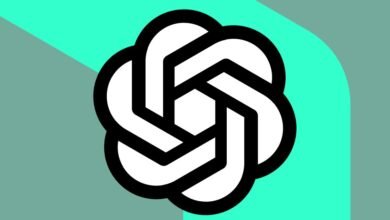 The OpenAI logo, a stylized geometric shape, is centered on a teal and gray background.