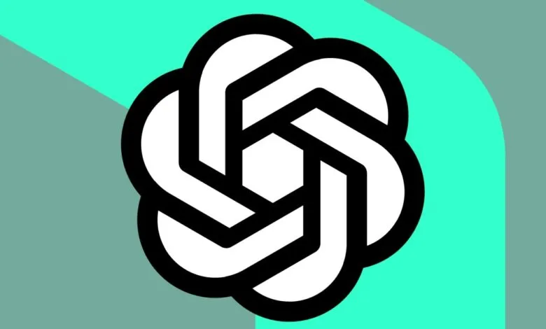The OpenAI logo, a stylized geometric shape, is centered on a teal and gray background.