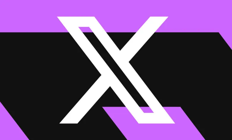 Abstract white 'X' logo on black and purple background.