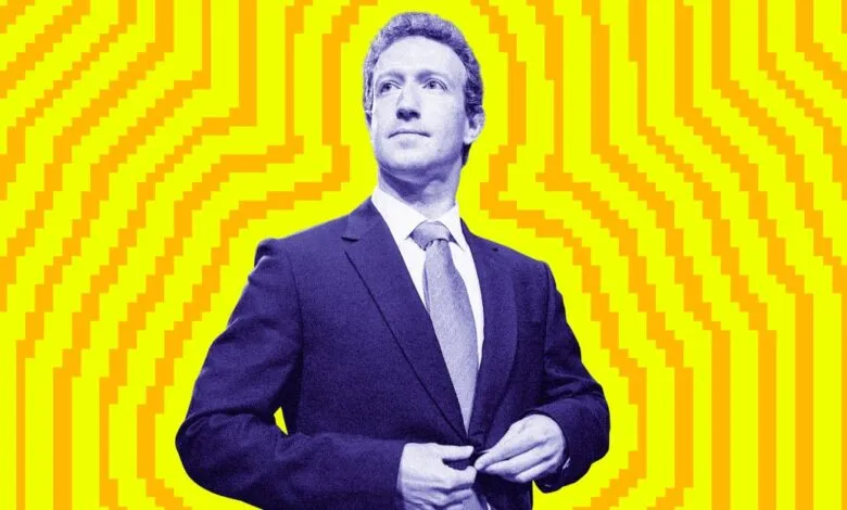 Mark Zuckerberg in suit against pixelated yellow background.