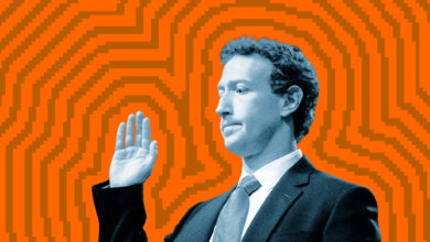 Mark Zuckerberg raises his right hand against an orange pixelated background.