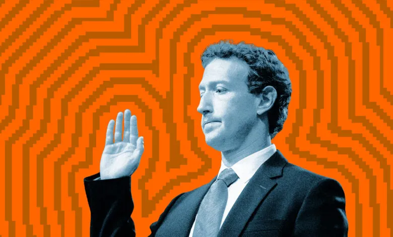 Mark Zuckerberg raises his right hand against an orange pixelated background.