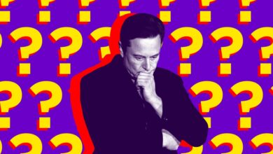Elon Musk looking thoughtful against a question mark background.