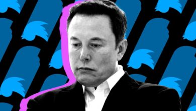 Illustration of Elon Musk against a Twitter logo background.