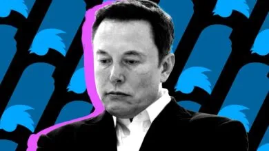 Illustration of Elon Musk against a Twitter logo background.