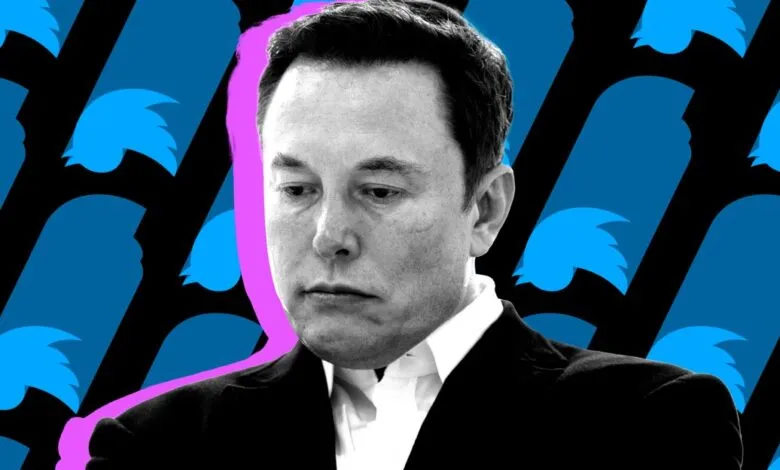 Illustration of Elon Musk against a Twitter logo background.