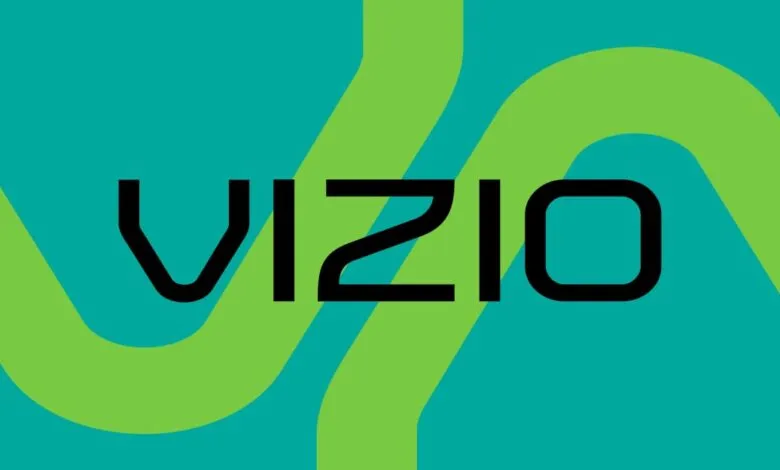 Vizio logo in black against a teal and green abstract background.