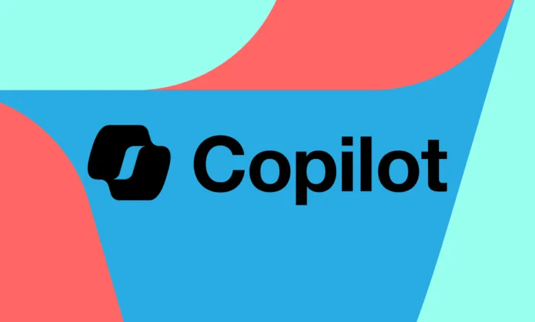 Microsoft Copilot logo with black icon and text on colorful background.