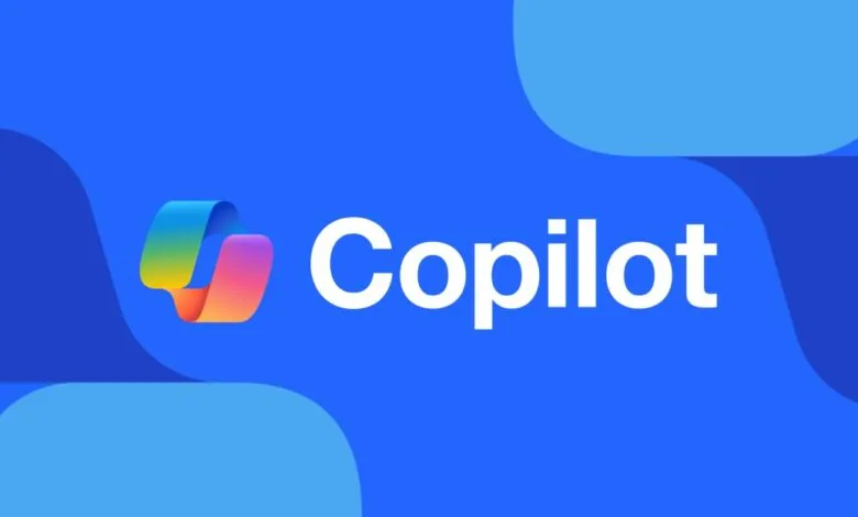 Microsoft Copilot logo with a colorful ribbon icon on a blue background.