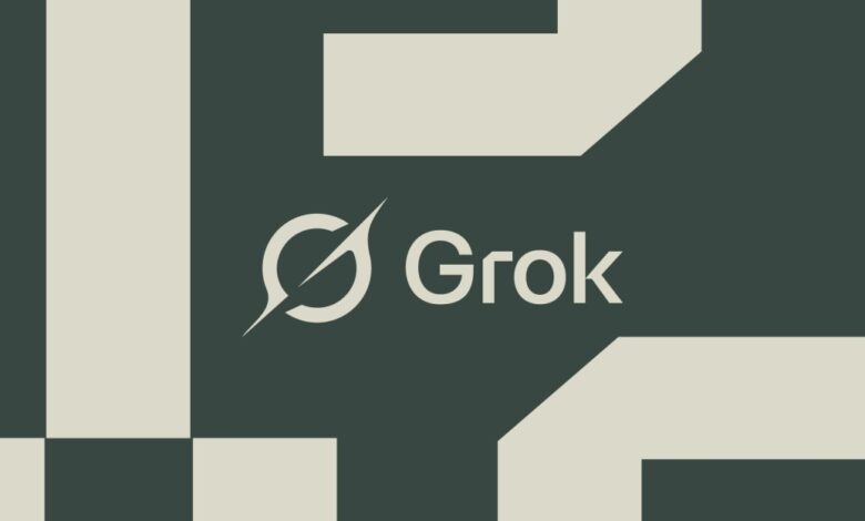 Grok logo on a geometric background of squares and angled shapes.