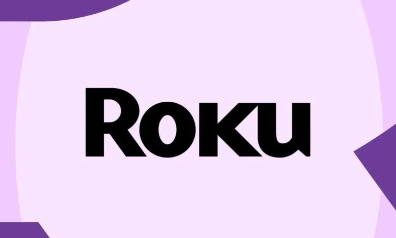 Roku logo in black on a light purple background with purple accents.