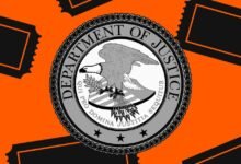 Department of Justice seal on orange background with black tickets.
