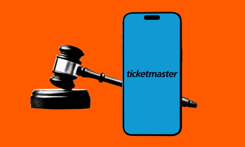 Gavel striking a smartphone displaying the Ticketmaster logo.