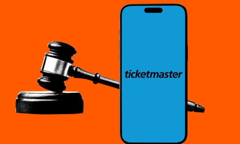 Gavel striking a phone displaying the Ticketmaster logo, symbolizing legal action.