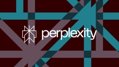 Perplexity AI logo with geometric background pattern.