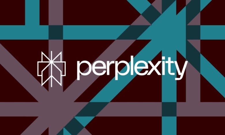 Perplexity AI logo with geometric background pattern.