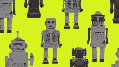 Pattern of vintage toy robots in gray tones on a bright yellow background.