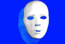 White mask with empty eye sockets on a blue background.