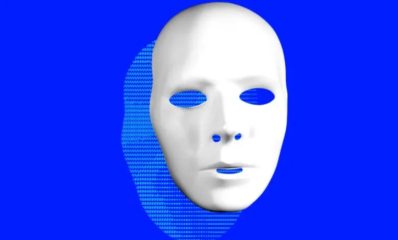 White mask with empty eye sockets on a blue background.