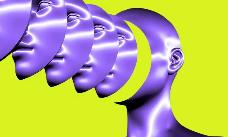 Abstract purple face masks cascade from a head against a yellow background.