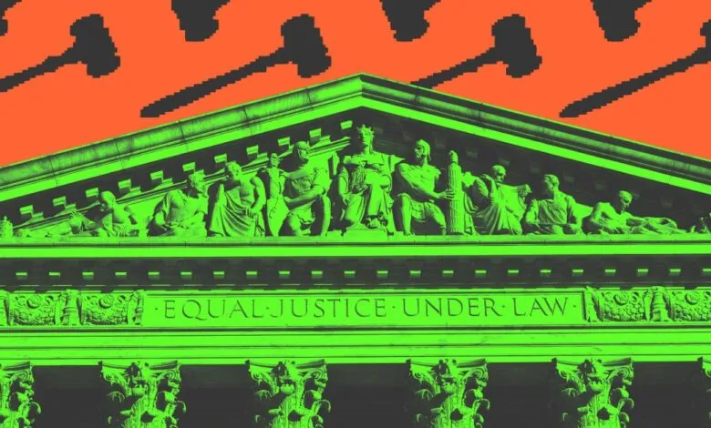 US Supreme Court building facade with 'Equal Justice Under Law' inscription.