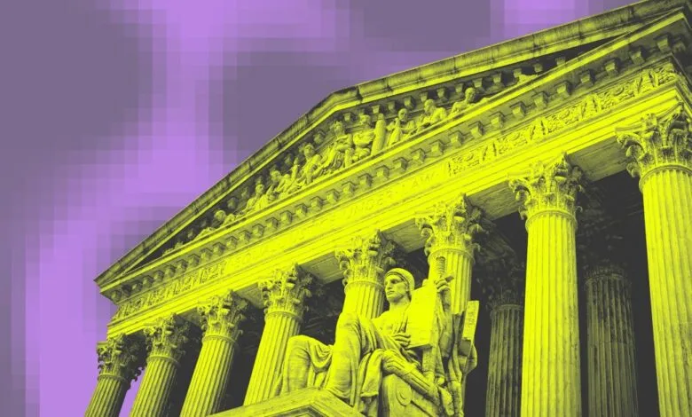 US Supreme Court building with statue, yellow on purple background.
