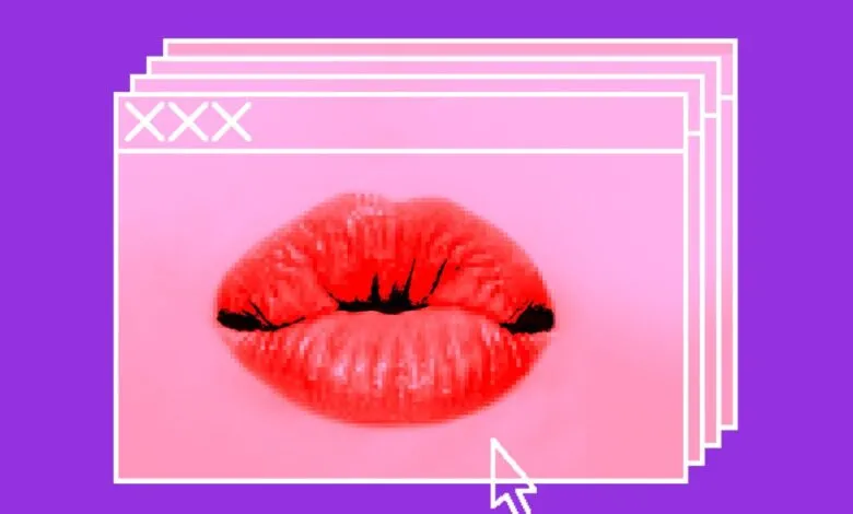 Pixelated red lips in a pink window with 'XXX' and a cursor on a purple background.