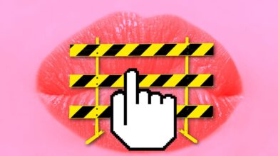 Lips behind a barrier with a pixelated hand giving the middle finger.