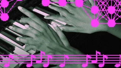Hands play piano keys with pink AI network and musical notes overlay.