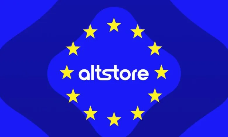AltStore logo surrounded by yellow stars on a blue background.