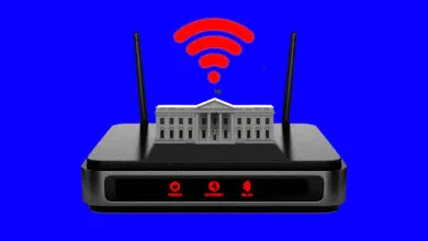 White House atop a router with a red WiFi symbol above it.