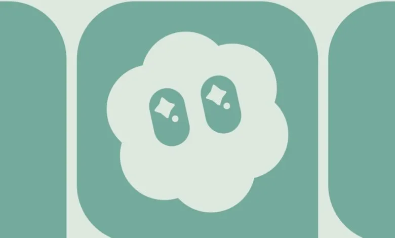 Cute cloud icon with sparkling eyes on a teal background.