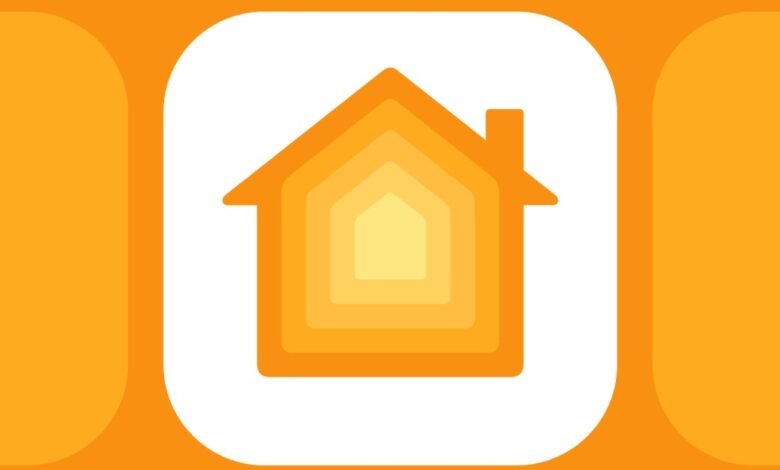 Apple Home app icon: layered orange house on white background.