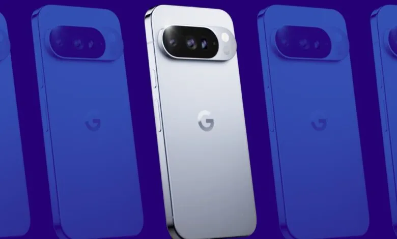 Google Pixel phone with camera bar design, surrounded by blurred blue versions.