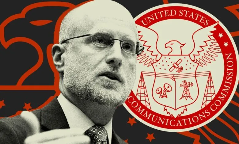 Brendan Carr, FCC Commissioner, in front of the FCC seal.