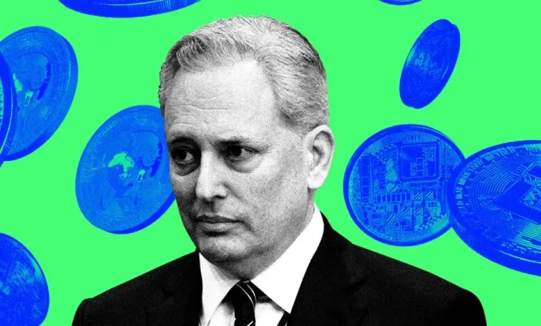 David Sacks portrait with blue crypto coins on a green background.