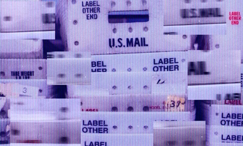 Abstract collage of U.S. Mail containers with labels and text, distorted and layered.