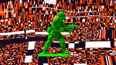 Green toy soldier stands against a distorted, pixelated background.