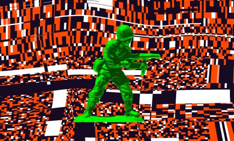 Green toy soldier stands against a distorted, pixelated background.