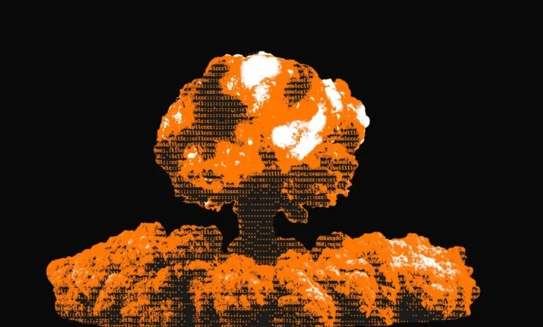 Orange mushroom cloud made of code on black background.